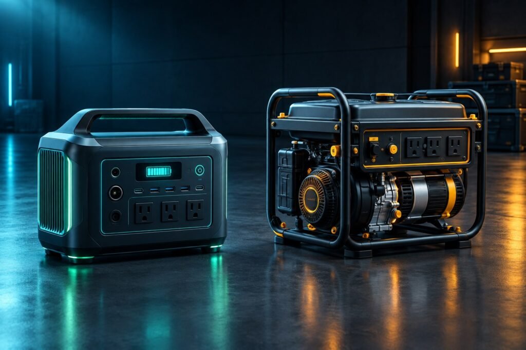 Portable battery power station beside a fuel generator in a dark energy comparison scene