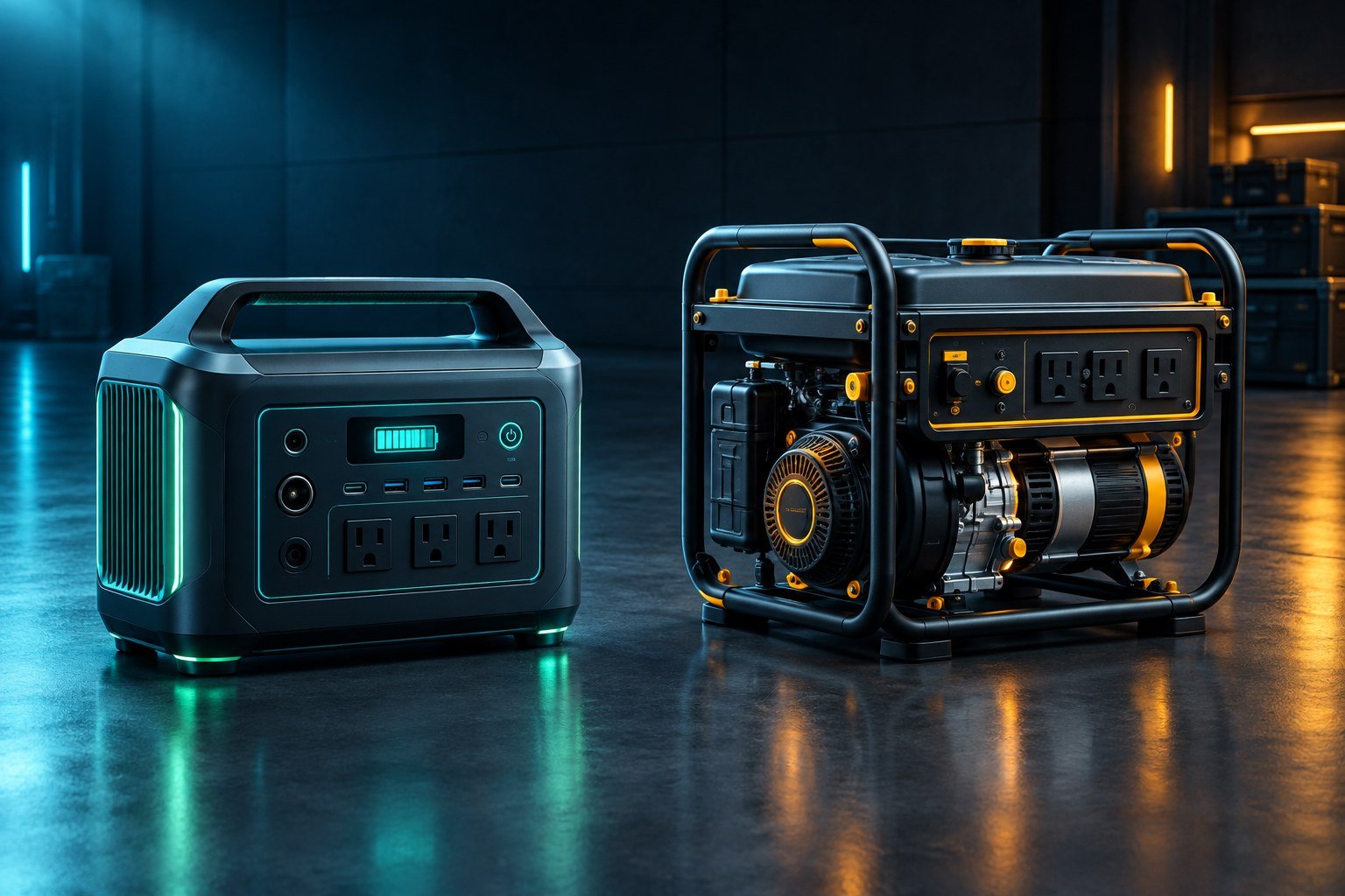 Portable battery power station beside a fuel generator in a dark energy comparison scene