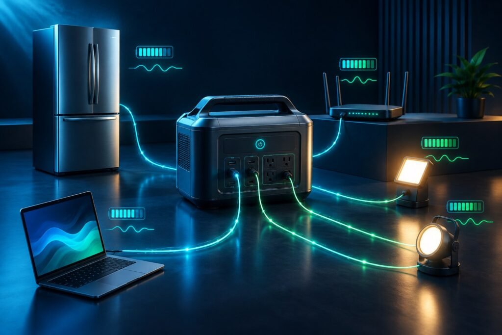 Portable power station powering a refrigerator, router, laptop and lights in a cinematic sizing scene