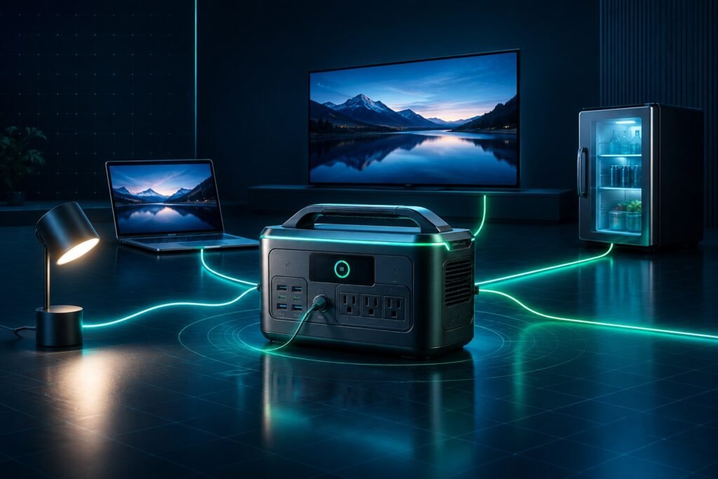 Portable power station powering home electronics with runtime indicators