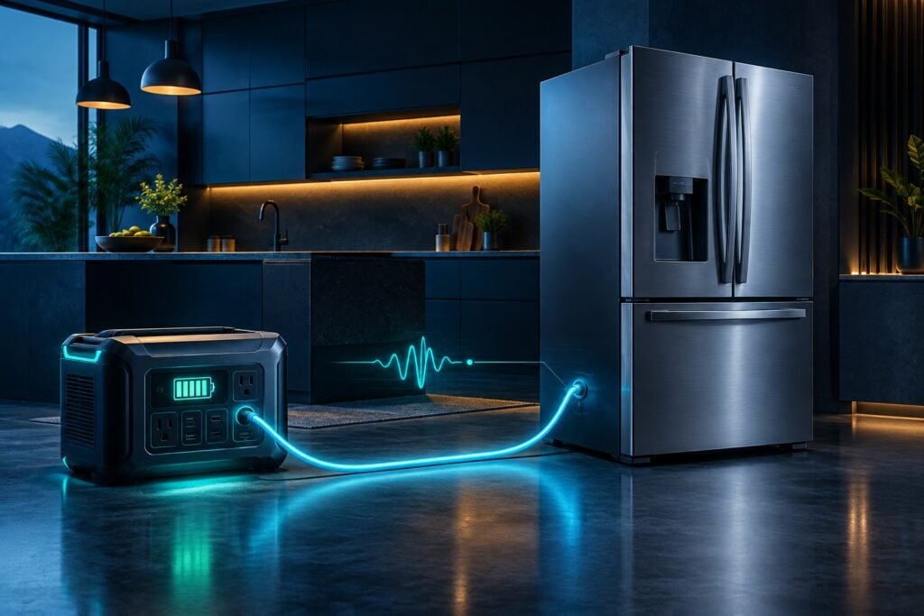 Portable power station supplying backup electricity to a refrigerator in a dark modern kitchen